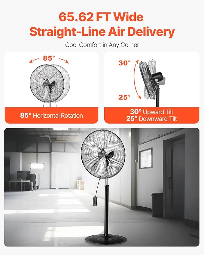 VEVOR Industrial Pedestal Fan, 24 Inch 85-Degree Oscillating Fan, Height Adjustable Standing Fans with 3 Adjustable Speeds, High Power Floor Fans for Office, Black