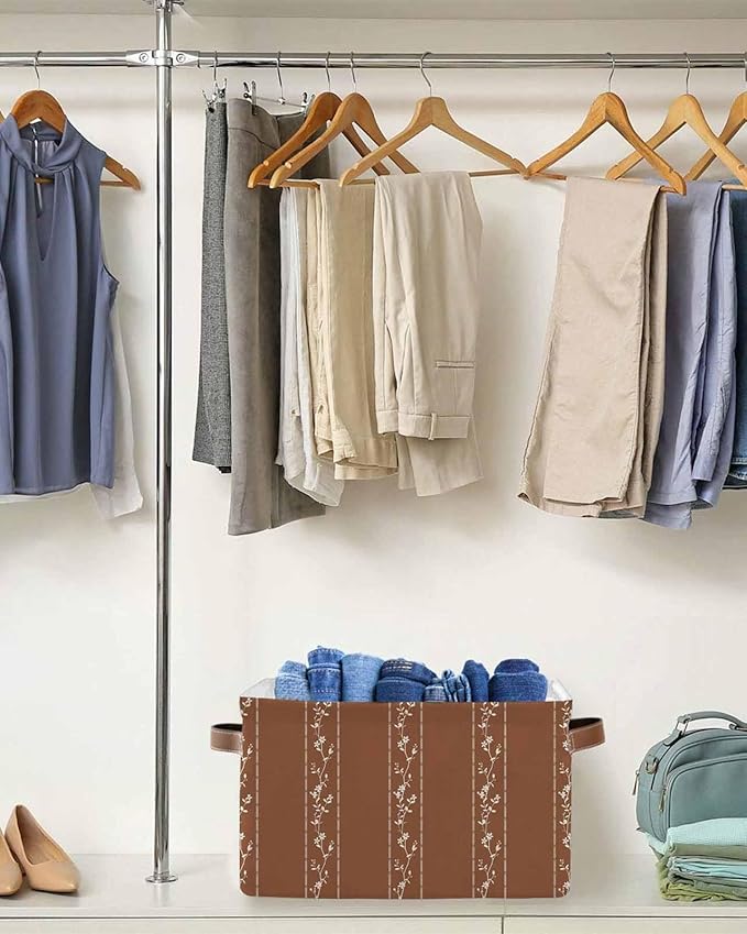 Brown Flowers Branch Storage Bins Cubes Waterproof Cloth Storage Basket, Spring Summer Farmhouse Botanical Foldable Storage Bags for Shelf Closet Clothes Organizers with Handles 15x11x9.5 in 1PCS