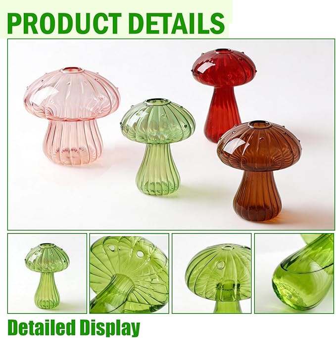 Window Propagation Stations, Propagation Vases, Colored Mushroom Glass Vases with Suction Cups, Nail-Free Easy-Install Wall-Mounted Planters, Plant Lover Gifts (4-Pack)