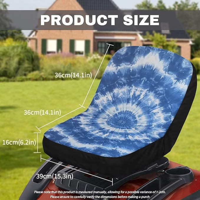 Blue Tie Dye Tractor Seat Cover, Heavy-Duty Waterproof Lawn Mower Seat Cover with Pockets, Universal Fit Riding Lawn Mower Cover for Farm Equipment
