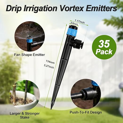 RedChili 35 Pieces Push to Fit Drip Vortex Emitters for 1/4" Drip Irrigation Tubing, Adjustable 360 Degree Vortex Drip Emitters with Stake Full Circle Umbrella Shape Pattern Garden Irrigation Drippers