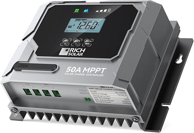 RICH SOLAR Bravo 50 | 50A MPPT Solar Charge Controller with Bluetooth – 12V/24V Auto-Detect, Lithium & Lead-Acid Battery Support for RVs, Campers & Off-Grid Systems