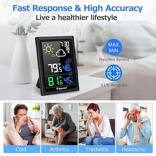 Geevon Indoor Outdoor Thermometer Wireless Weather Station with Color Display, Digital Hygrometer Temperature Humidity Monitor with Alarm Clock and Backlight