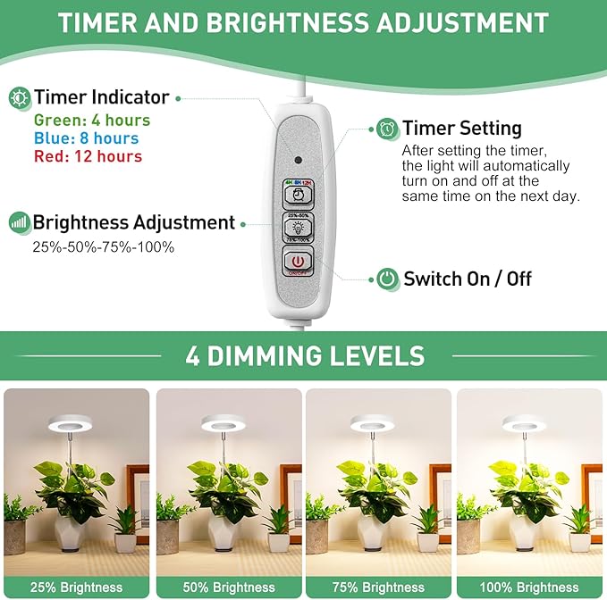 LORDEM Plant Grow Light, Full Spectrum Halo Desk Light, Height Adjustable 7.8"-26", LED Growing Lamp, Automatic Timer 4H/8H/12H, 4 Level Dimmable, Ideal for Indoor Plants, White, 1 Pack