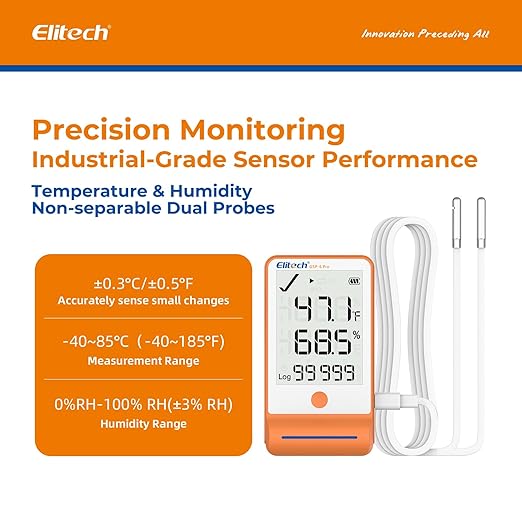 Elitech 10Pack GSP-6 Bluetooth Data Logger Temperature Humidity for Refrigerator with Shadow Data 100000 Points Export PDF/CSV Report, Pharmacy Vaccine DDL Certificate, MAX MIN with Dual Probe