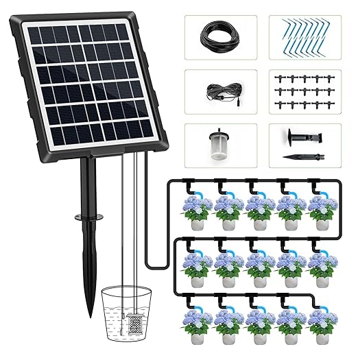 Solar Automatic Drip Irrigation Kit System, 50FT Solar Powered Auto Easy DIY Watering Device Supported Pots Plants, 6 Timing Modes with Anti-Siphoning Device