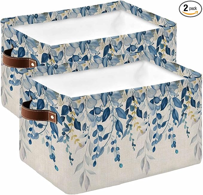 Blue Eucalyptus Storage Bins Cubes Waterproof Cloth Storage Basket, Farmhouse Weeping Leaves Linen Foldable Storage Bags for Shelf Closet Clothes Storages Organizers with Handles 15x11x9.5 in 2PCS