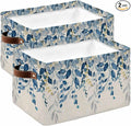 Blue Eucalyptus Storage Bins Cubes Waterproof Cloth Storage Basket, Farmhouse Weeping Leaves Linen Foldable Storage Bags for Shelf Closet Clothes Storages Organizers with Handles 15x11x9.5 in 2PCS