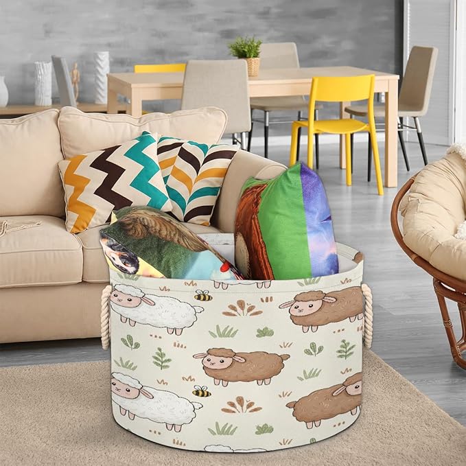 Large Storage Baskets - Farm Animal Sheep Nursery Round Organizer Bin Box, Collapsible Laundry Hamper for Kids Toys, Blanket, Bedroom Living Room Home Decor, Gift Basket, 19.4"x13.3"