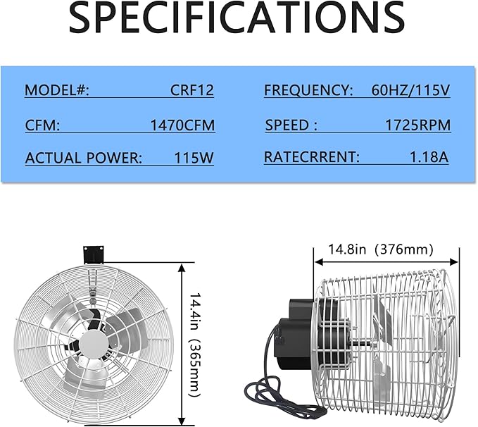 Greenhouse Air Circulation 1/10 HP 115V Ceiling Wall Mount Fan 1470CFM High Speed Circulation Fan for Greenhouse, Warehouse, Patio, Garage