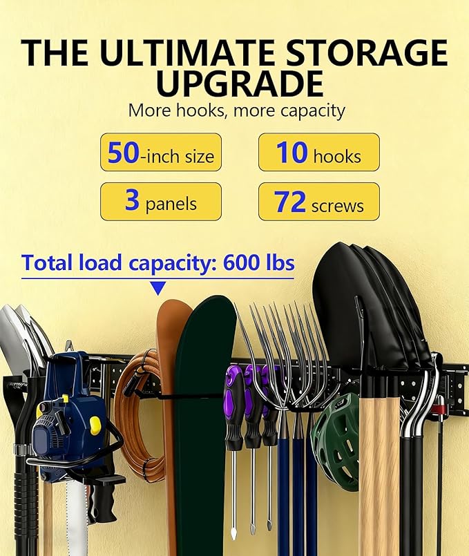 Wall Mount Tool Storage Rack 13 Pack Carries 600 lbs Garden Tool Organizer 48in With Large Storage Space,Easy Assembly, Sturdy Design,for Efficient Tool Storage Garage Organization