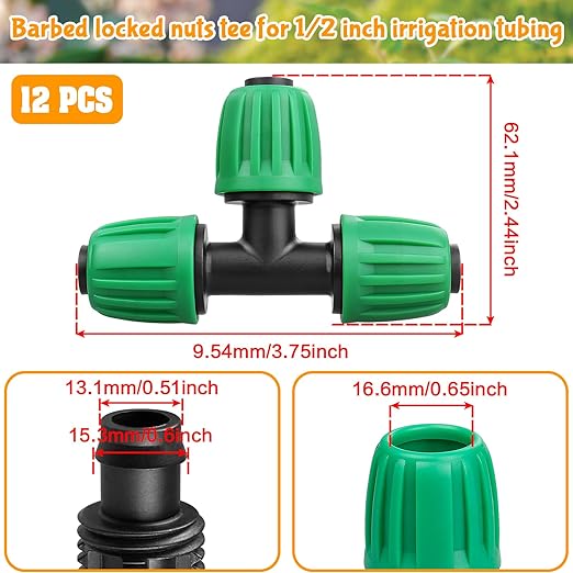 Gardrip Drip Irrigation 1/2" Tee Fittings：1/2 Inch Drip Line Lock Barbed Tee Connectors for Drip Irrigation Tubing (1/2" ID x 0.640" OD) Anti-Drop Three Way Drip Irrigation Parts (12 Pieces)