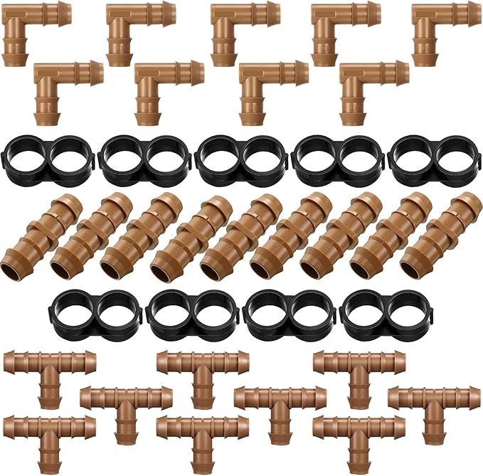Outus 1/2 Inch Drip Irrigation Tubing Fittings 36 Pieces Irrigation Tubing Connectors Drip Hose Fittings Parts Kit Includes 9 Tees 9 Couplings 9 Elbows 9 End Cap Plugs for Sprinkler Systems Garden