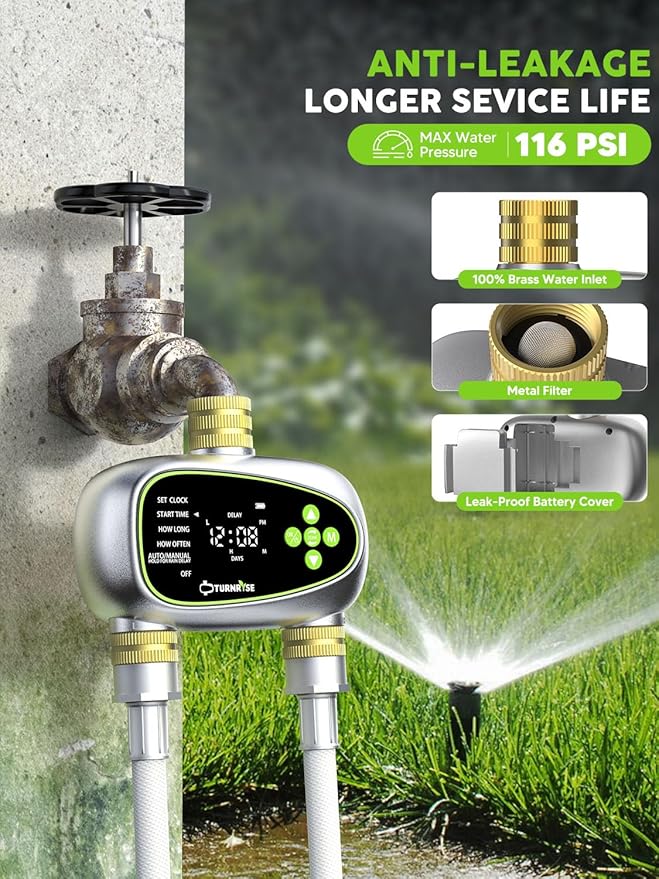 Hose Timer 2 Outlet- Irrigation Timer for Garden Water Hose with Soil Moisture Sensor, Rain Delay & Brass Inlet Programmable Sprinkler, Automatic Drip Irrigation System for Yard Lawn Greenhouse
