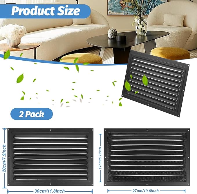 2 Pack 8" x 12" Aluminum Attic Vents with Screen Mesh – Heavy-Duty Louvered Gable Vents for Shed, Garage & Roof Ventilation (Black, Includes Screws)