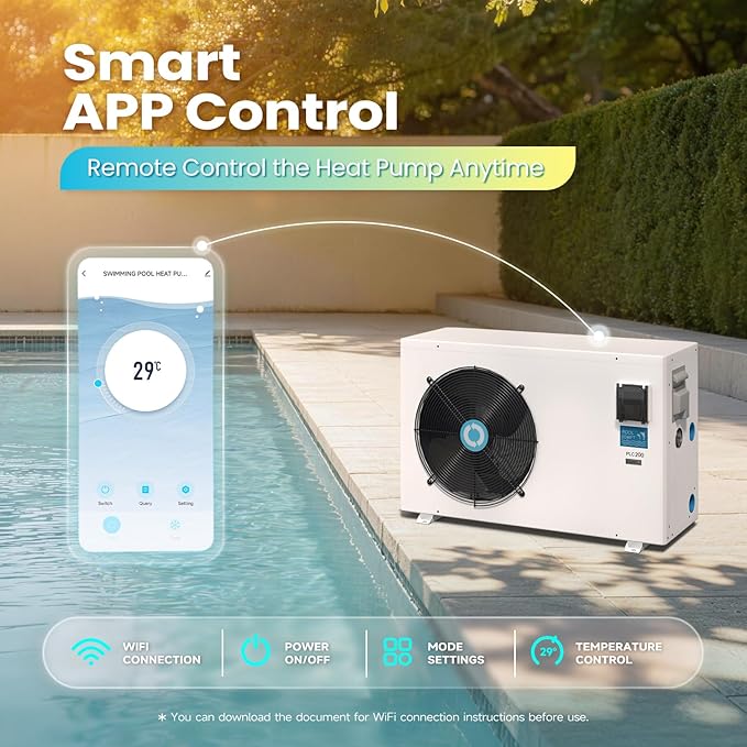 POOLCOMFT Inverter Electric Pool Heat Pump, Swimming Pool Heaters for Above Ground and Inground Pools Up to 25000 Gallons, Smart WiFi Control, Heating and Cooling Pool Heater