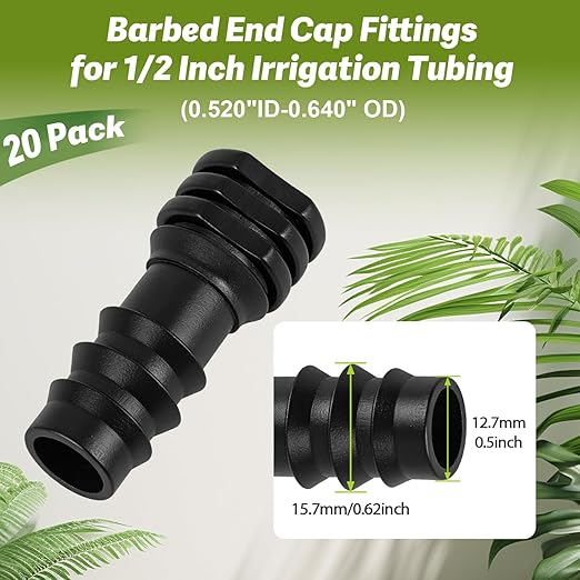 20 Pack 1/2 Inch Drip Irrigation Barbed End Plug Fitting, 1/2'' Dripline End Cap Connectors for 1/2 Inch Irrigation Tubing (0.520" ID-0.650" OD) for Garden Lawn Irrigation System