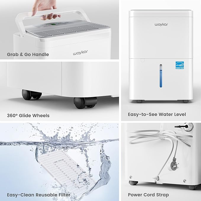 Waykar 2000 Sq. Ft. Energy Star 2025 Dehumidifier for Basement & Home, Adjusts from 15% RH With Drain Hose, Ultra Quiet 35 dB for Bedroom & Bathroom