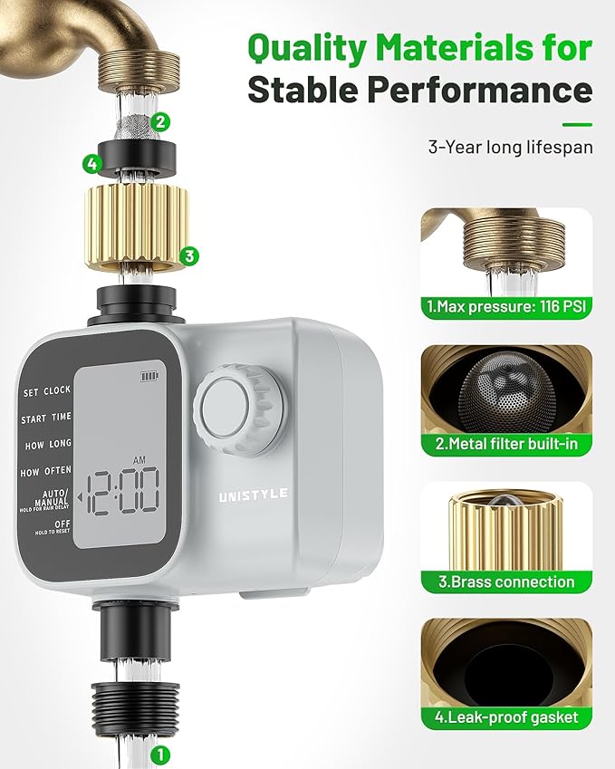 [All-New 2027] Sprinkler Timer with Brass Inlet, Unistyle Programmable Water Timer for Garden Hose, IP55 Waterproof Hose Timers with Manual and Automatic Irrigation Timers Yard Lawn Patio Heavy Duty