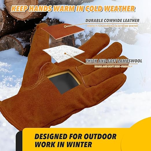 DLY Winter Work Gloves, Insulated, Puncture and Abrasion Resistant, Cowhide Durable gloves Warm Thick