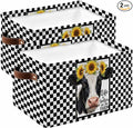 Farmhouse Cows Storage Bins Cubes Waterproof Cloth Storage Basket, Sunflower Daisy White Black Plaid Foldable Storage Bags for Shelf Closet Clothes Organizers with Handles 15x11x9.5 in 2PCS