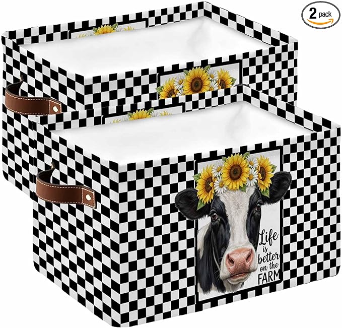 Farmhouse Cows Storage Bins Cubes Waterproof Cloth Storage Basket, Sunflower Daisy White Black Plaid Foldable Storage Bags for Shelf Closet Clothes Organizers with Handles 15x11x9.5 in 2PCS