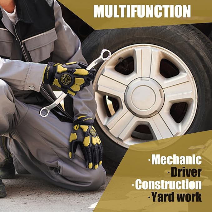 HANDLANDY HLDD Heavy Duty Work Gloves, TPR Protector Impact Gloves, Men Anti Vibration Mechanic Work Glove TouchScreen