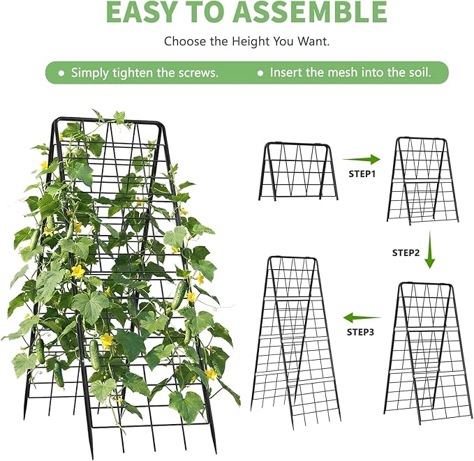 DoCred Cucumber Trellis, 59" H 2 Pack Metal Foldable Thickened A Frame Garden Trellis for Raised Bed Climbing Plants, Vegetables, Including Plant Support Clips, Twist Ties, Plastic Ties, Black