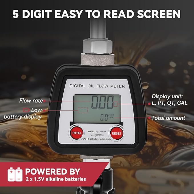 Poafamx Digital Oil Control Valve Meter Nozzle, 8GPM/30LPM Heavy Duty Air Operated Oil Transfer Nozzle, 7-1000 Psi 0.5-70bar, ±0.3% Precision, 1/2" inch NPT Inlet with Non Leakage Spout