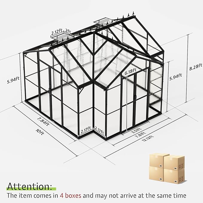 AMERLIFE 12x10x8 FT Hybrid Polycarbonate Greenhouse, Quick-Connect Aluminum Frame with Dual Roof Vents & Double Doors, Walk-in Outdoor Garden Greenhouse with Gutters, Black