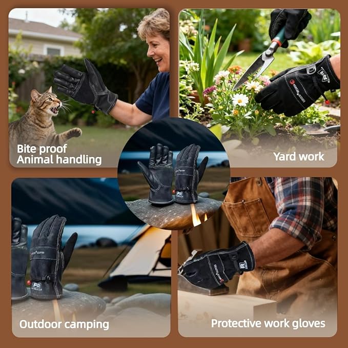 Leather Gardening Gloves for Men, Work Gloves for Welding, Mechanics, Construction, Thorn Proof (Black, X-Large)