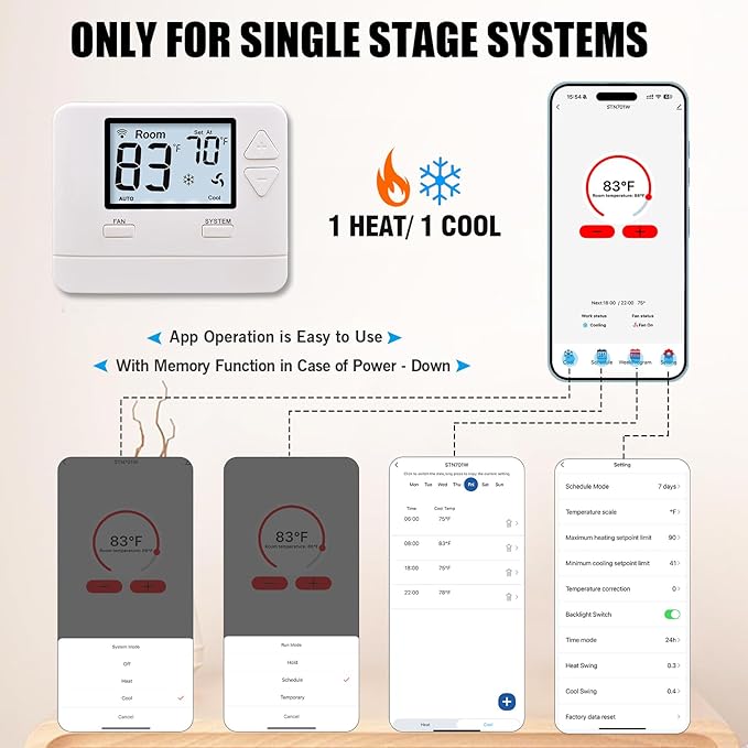 Heagstat WiFi Thermostats for Home Single-Stage 1Heat/ 1Cool, APP Remote Control, 7-Day or 0-Day Programmable. (C-Wire Required)
