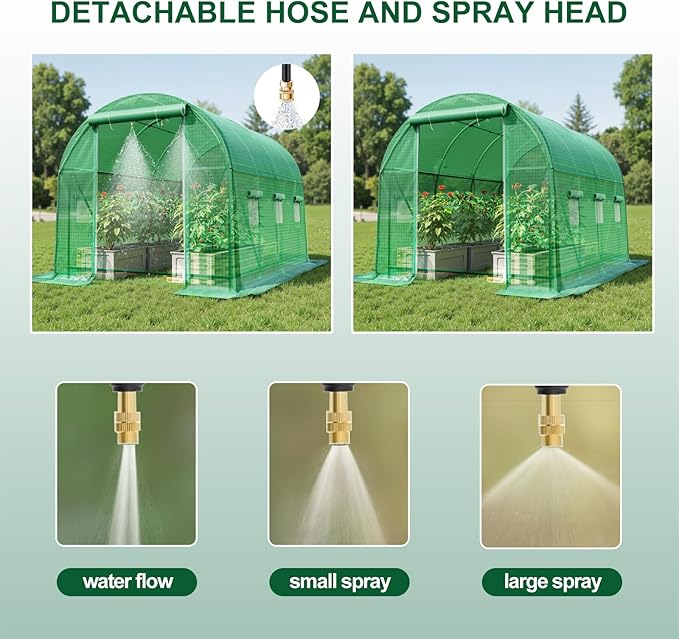 Greenhouse with Watering System, Outdoor Greenhouse with 6 Mesh Windows and 1 Door, Greenhouses with Drip Irrigation System for Plants, Seedlings, Flowers and Garden Raised Beds (10x7x7 FT)