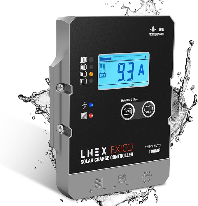 LNEX Solar Charge Controller Waterproof, 10A Super Thin Panel Battery Intelligent Regulator With LCD Display 12V/24V PWM Controller for LiFePO4, AGM, Gel, Flooded and Lithium Battery