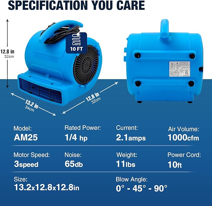 MOUNTO 1/4hp 1000CFM 2 Speed Air Mover Carpet Dryer Floor Fan Cooling Fan (Blue)
