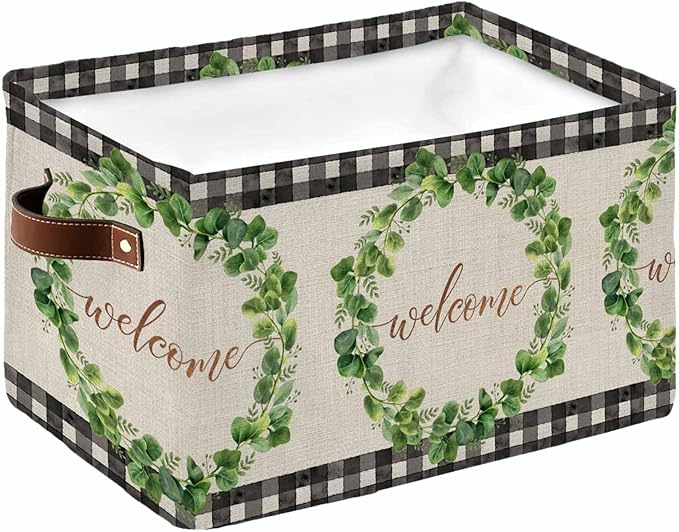 Spring Eucalyptus Leaves Storage Bins Cubes Waterproof Cloth Storage Basket,Farmhouse Botanical Burlap Paid Foldable Storage Bags for Shelf Clothes Storages Organizers with Handles 15x11x9.5 in 1PCS