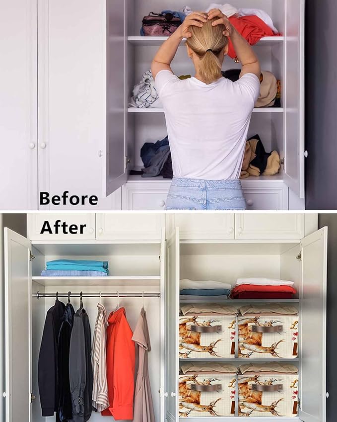 Deer Storage Bins Cubes Waterproof Cloth Storage Basket,Wildlife Animals Rustic Farmhouse Country Nature Elk Foldable Storage Bags for Shelf Clothes Storages Organizers with Handles 15x11x9.5 in 1PCS