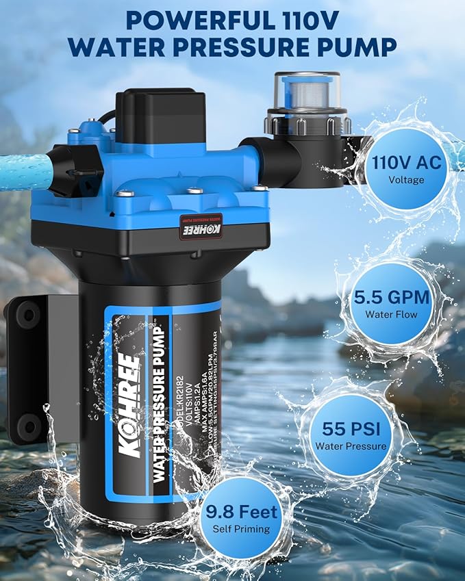 Kohree 110V AC Water Pressure Pump, 5.5GPM 55 PSI, On Demand Self-priming RV Fresh Water Pump, 4-Chamber Diaphragm Pump with Pressure Switch and Strainer for RV, Marine, Garden, Kitchen, Bathroom