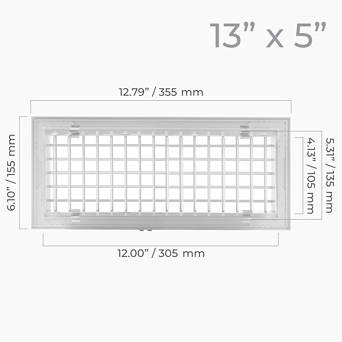 13" x 5" Aluminum Supply & Return Air Grille – Powder-Coated Wall Vent Register Cover with Adjustable Louvers – Flat Duct HVAC Ventilation System Exhaust & Intake Vent with Mounting Clips