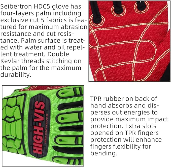 Seibertron High-Vis Series Cut Resistant Reducing Anti-Impact Mechanics Heavy Duty Safety Rescue Oil and Gas Gloves