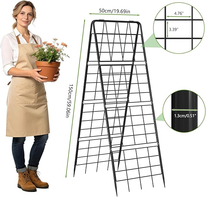 DoCred Cucumber Trellis, 59" H 2 Pack Metal Foldable Thickened A Frame Garden Trellis for Raised Bed Climbing Plants, Vegetables, Including Plant Support Clips, Twist Ties, Plastic Ties, Black