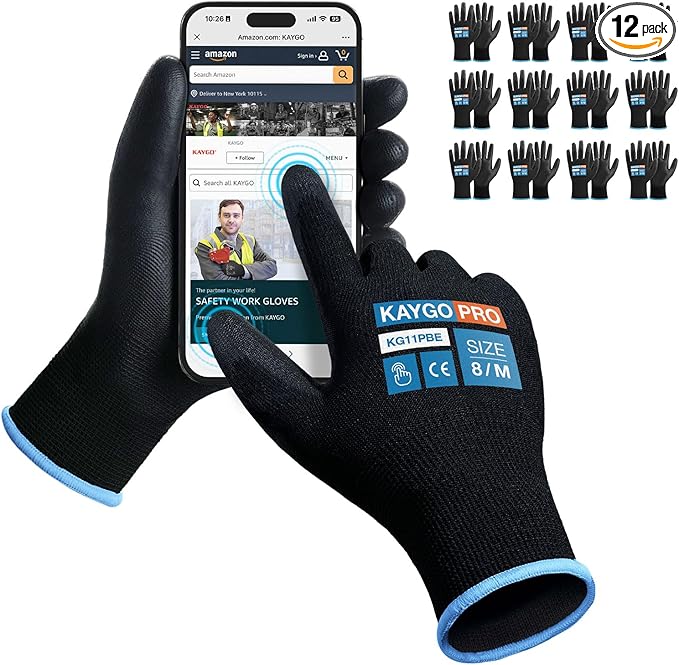 Work Gloves PU Coated for Men and Women, 12 Pairs Safety Work Gloves with Two Fingers Touchscreen, Breathable and Lightweight,Ideal for Light Warehouse, Manufacturing, Gardening, KG11P (M, Black)