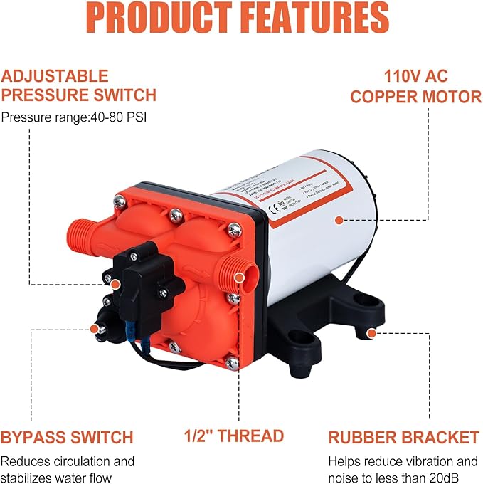 Four Chambers On Demand 110V Water Pressure Pump 5.5GPM 70PSI,Self Priming RV Fresh Water Diaphragm Pump Included Garden Hose for Home Industrial Irrigation Sprinkler