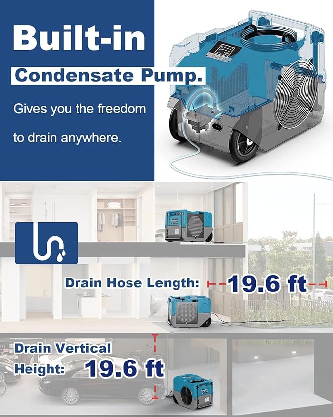 ALORAIR 264 PPD LGR Commercial Dehumidifier with Pump, Up to 3,000 Sq.Ft Industrial Dehumidifier with Drain Hose Potable Wheels Design for Whole House, Basement, Warehouse, Garage, Blue