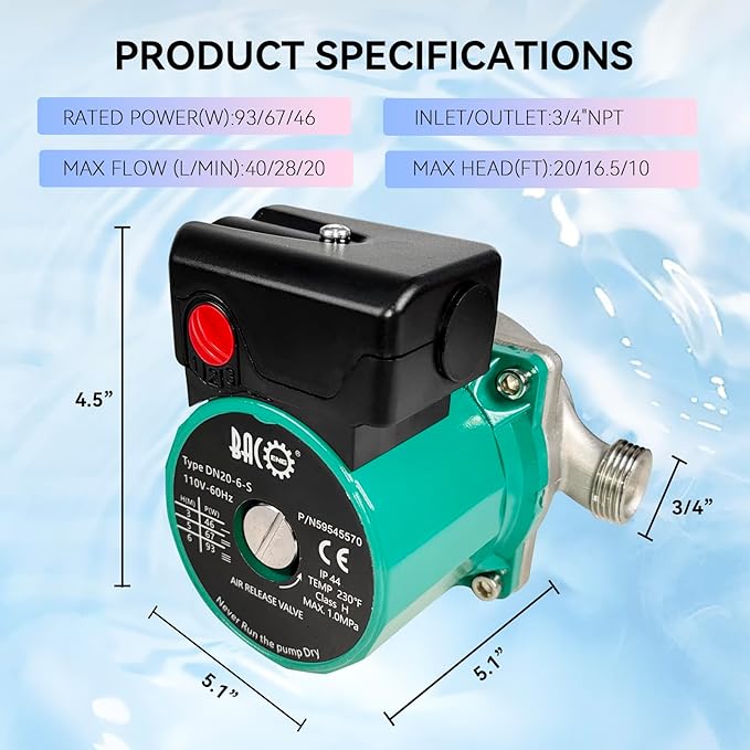 BACOENG Hot Water Recirculating Pump, 3/4" NPT 110V Automatic Circulating Pump for Water Heater Stainless Steel Head For Solar Heater (US Plug)