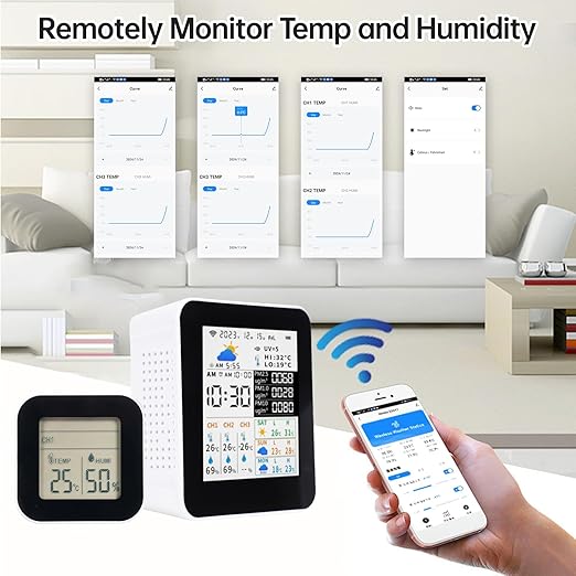 Weather Station, Wireless Indoor Outdoor Thermometer with 3 Sensors for TUYA App Operate Real Time Temperature Humidity Monitor