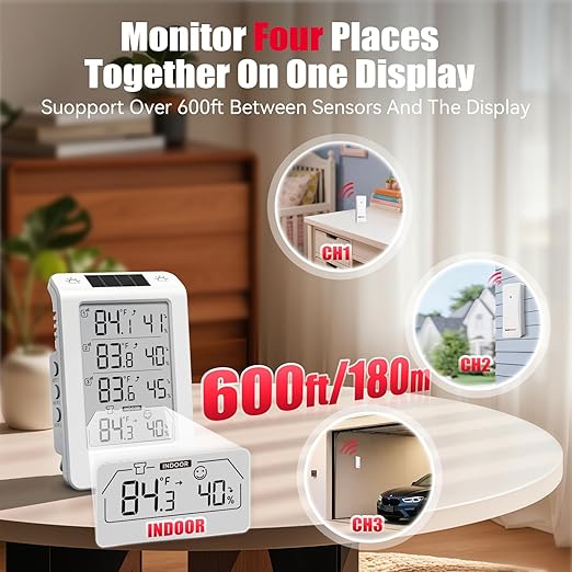 BaldrTherm Wireless Three Channel Thermometer Hygrometer, Large Display Temperature and Humidity Monitor, Smart Auto Backlight, 330ft Range and Real-Time Alerts for Indoor Outdoor, Orange