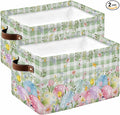 Easter Eggs Storage Bins Cubes Waterproof Cloth Storage Basket,Spring Daisy Eucalyptus Leaves Sage Green Plaid Foldable Storage Bags for Shelf Storages Organizers with Handles 15x11x9.5 in 2PCS