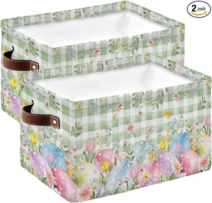 Easter Eggs Storage Bins Cubes Waterproof Cloth Storage Basket,Spring Daisy Eucalyptus Leaves Sage Green Plaid Foldable Storage Bags for Shelf Storages Organizers with Handles 15x11x9.5 in 2PCS