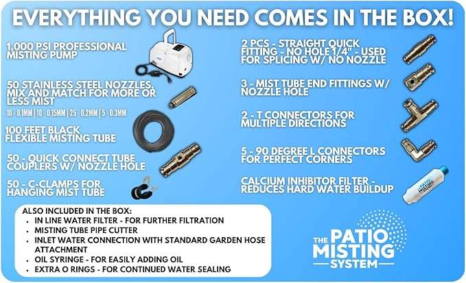 Patio Misters Pro - Ultra Fine Water Mister - Cooling Mist System for Midsize to Large Patio - High Pressure Misting Pump - Kit with Quiet Pump (1000 PSI) - DIY Installation